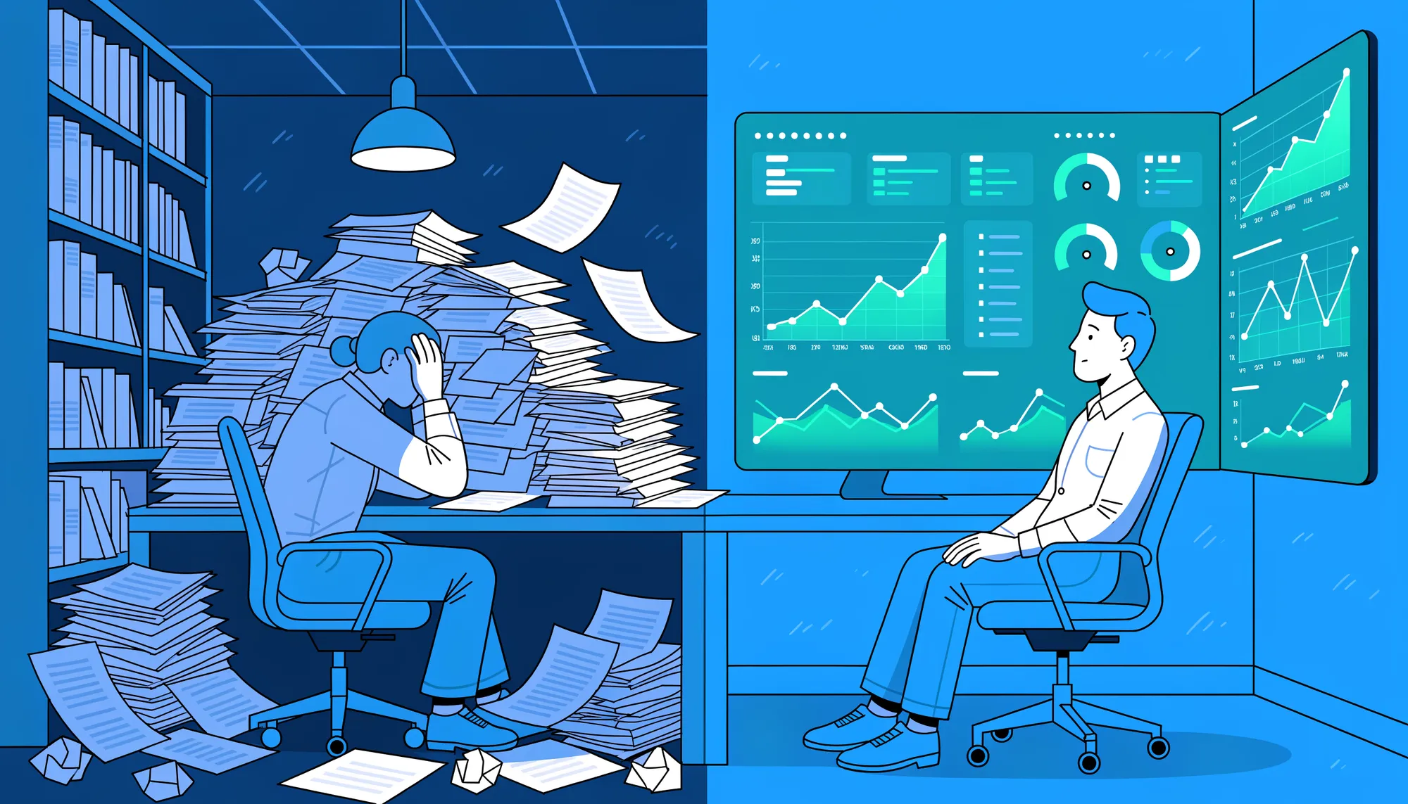 Before and after: an analyst buried in stacks of paper reports on the left, versus a calm operator reading a live Enerlytics energy dashboard on the right