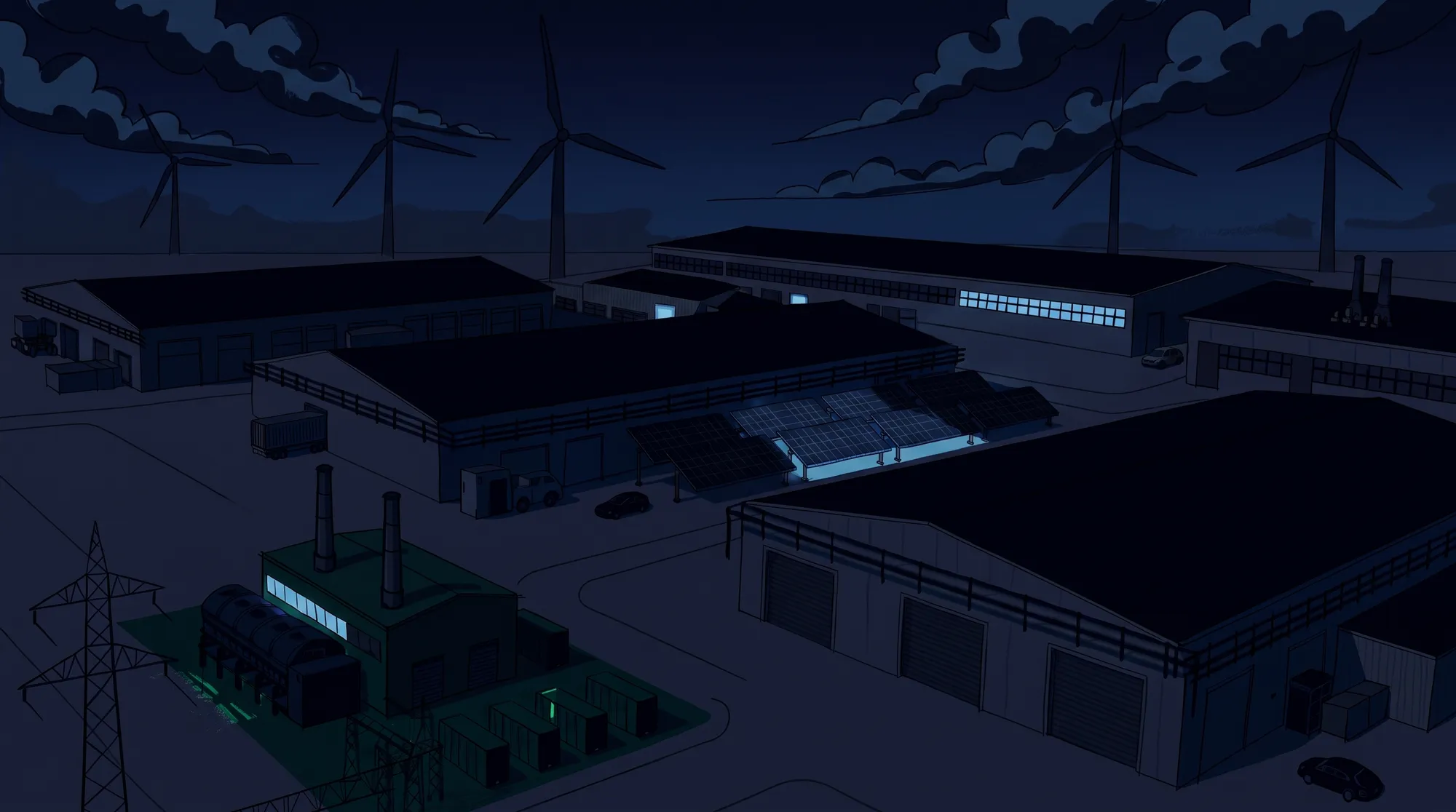 Aerial view of the industrial energy facility at night