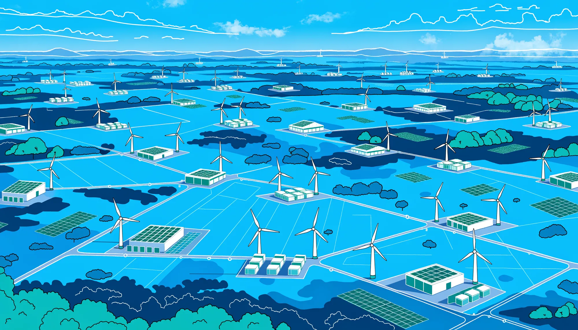 Aerial view of many small distributed energy sites, monitored as one portfolio